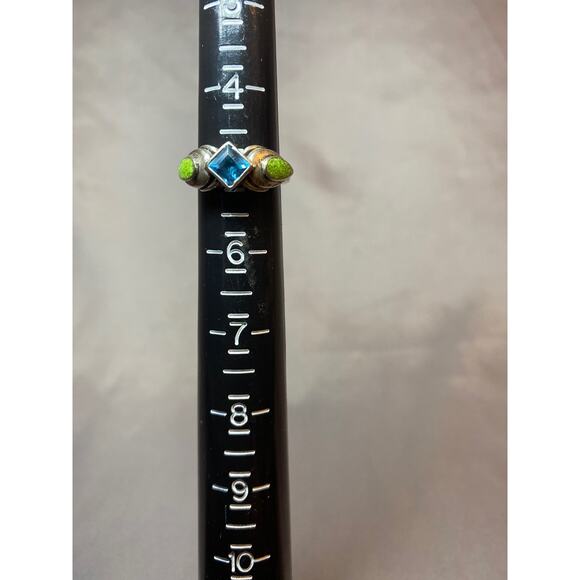 Vintage 925 Square Blue Topaz & Green Inlay Turquoise Ring  Size 5 - Picture 5 of 8